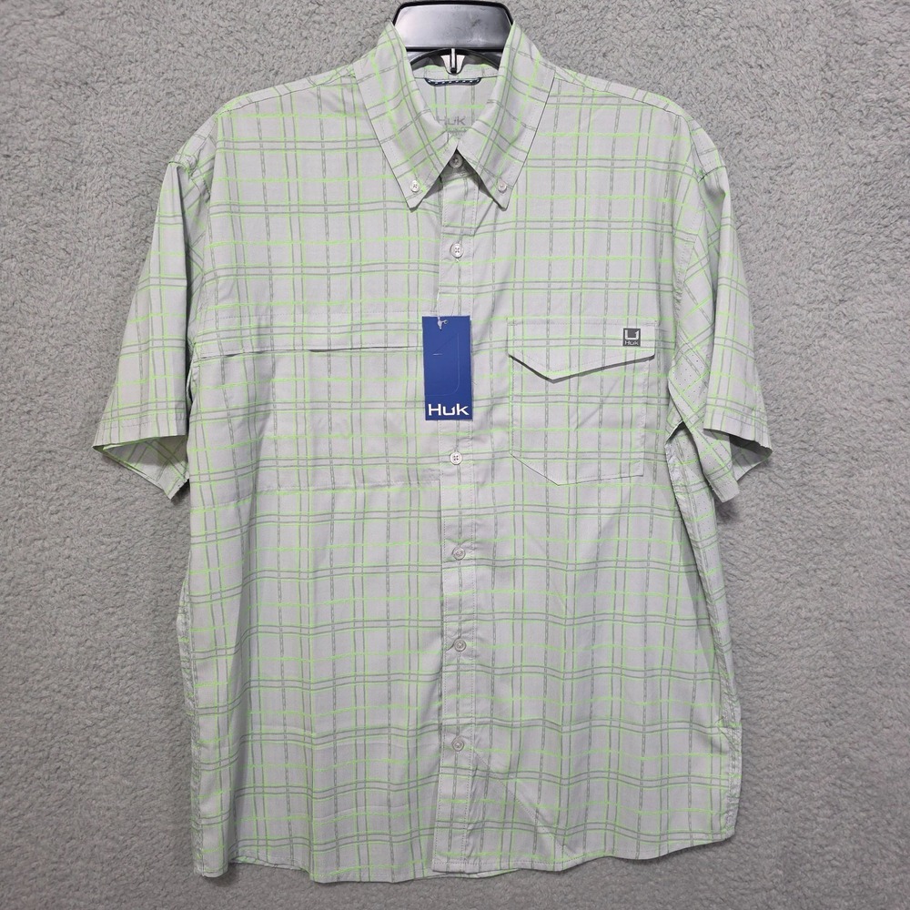 HUK Tide Point Break Short Sleeve‎ Men's Button Up Green Gray Plaid Medium NWT